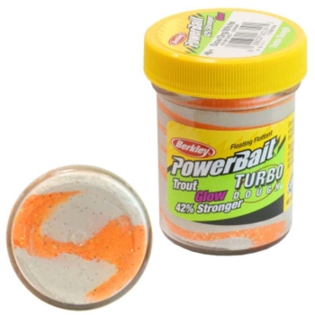 Паста форелевая BERKLEY PowerBait Turbo Dough Glow Trout Bait цв. Оранжевый / белый в интернет магазине Rybaki.ru